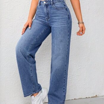 High Waist Whisker Wash Wide-Leg Denim – Stone Blue