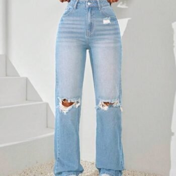 🔥 High Waist Knee-Torn Wide-Leg Denim – Ice Blue 🦋💙
