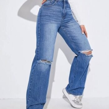 🔥 Women High Waist 4 Funky 2-Cut Whisker Denim Jeans 👖💙