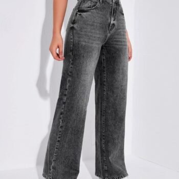High Waist Whisker Wash Wide Leg Denim – Dark Gray